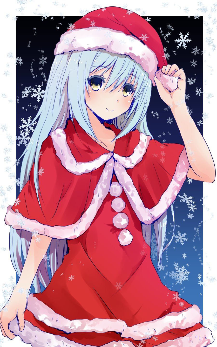 1girl blue_hair capelet closed_mouth dress eyebrows_visible_through_hair fur-trimmed_capelet fur-trimmed_dress fur-trimmed_hat fur_trim hair_between_eyes hat highres long_hair red_capelet red_dress red_headwear rimuru_tempest santa_costume santa_hat short_dress smile snowflakes solo standing tensei_shitara_slime_datta_ken user_fkvt8385 very_long_hair yellow_eyes