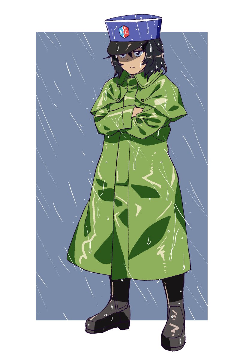 1girl andou_(girls_und_panzer) bangs bc_freedom_(emblem) bc_freedom_military_uniform black_footwear black_hair blue_headwear boots brown_eyes closed_mouth commentary crossed_arms dark_skin emblem frown full_body girls_und_panzer green_coat grey_background hat highres long_sleeves medium_hair messy_hair military military_hat military_uniform onsen_tamago_(hs_egg) outdoors outside_border rain raincoat shako_cap solo standing uniform wet
