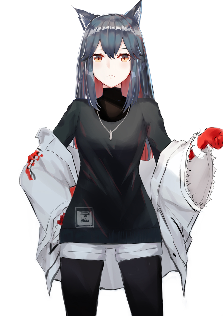 1girl animal_ears arknights bangs black_hair black_legwear black_shirt cowboy_shot gloves hand_on_hip highres jewelry legwear_under_shorts liangfen232 long_hair long_sleeves looking_at_viewer multicolored_hair necklace off_shoulder pantyhose red_gloves redhead shirt short_shorts shorts solo standing texas_(arknights) two-tone_hair white_background white_coat white_shorts wolf_ears