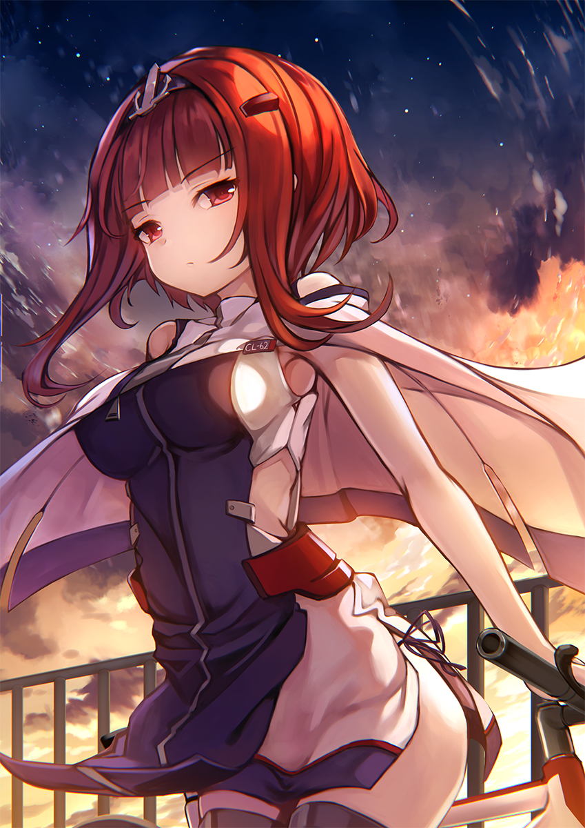 1girl anchor_hair_ornament azur_lane birmingham_(azur_lane) brown_eyes brown_hair cape clouds cloudy_sky commentary_request detached_sleeves hair_ornament hairclip highres kurenai_musume leaning_forward looking_at_viewer short_hair_with_long_locks sky solo twilight