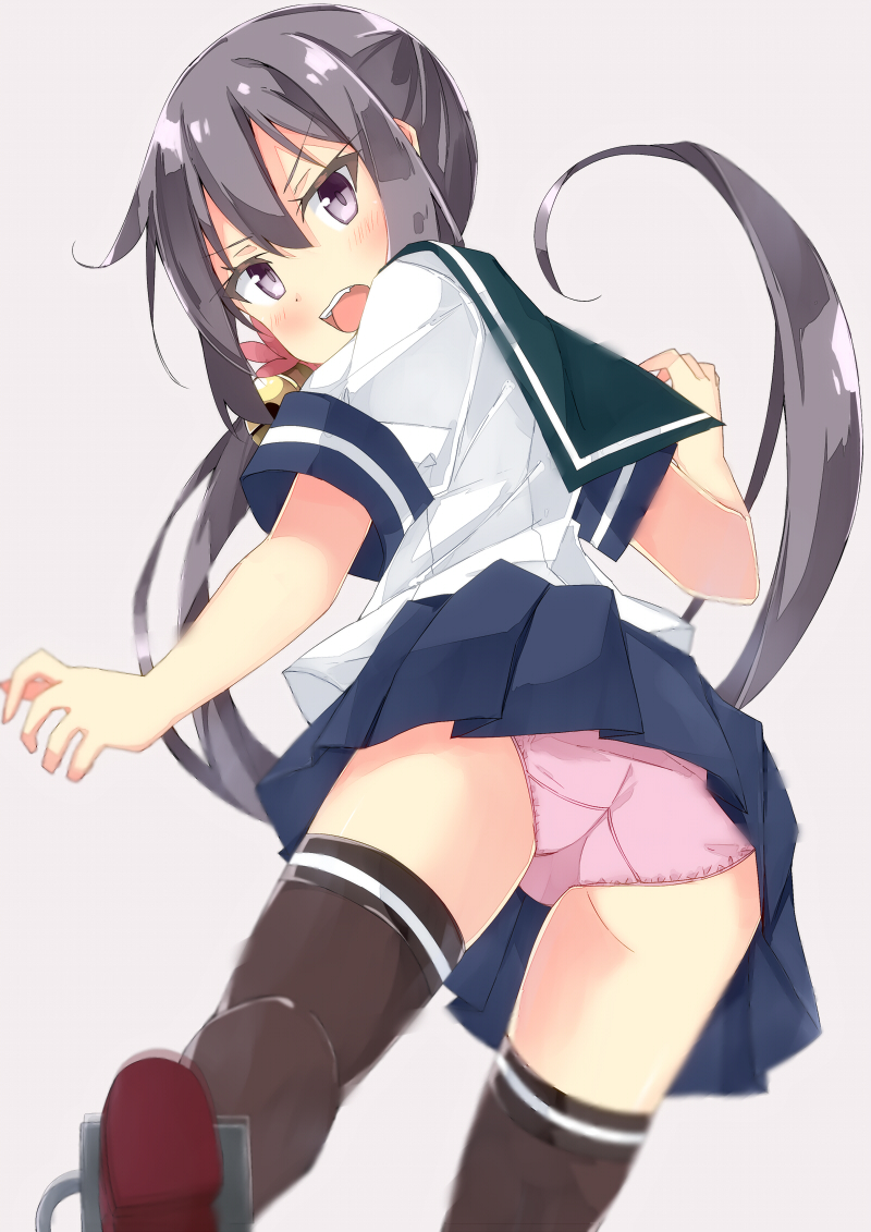1girl akebono_(kantai_collection) bangs bell beritabo blue_skirt blush brown_legwear commentary_request eyebrows_visible_through_hair flower green_sailor_collar grey_background hair_bell hair_between_eyes hair_flower hair_ornament jingle_bell kantai_collection long_hair looking_at_viewer looking_back open_mouth panties pink_panties pleated_skirt purple_hair red_flower sailor_collar school_uniform serafuku shirt short_sleeves side_ponytail sidelocks simple_background skirt solo standing standing_on_one_leg thigh-highs underwear v-shaped_eyebrows very_long_hair violet_eyes white_shirt