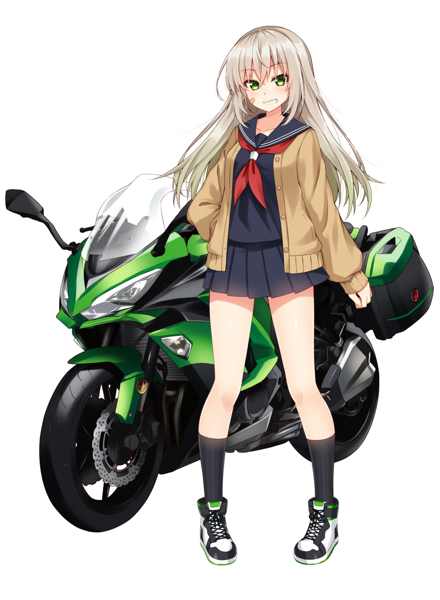 1girl bandaid_on_cheek bangs black_legwear black_sailor_collar black_serafuku black_shirt black_skirt blush boots brown_cardigan cardigan commentary_request eyebrows_visible_through_hair full_body gradient_hair green_eyes green_hair grin ground_vehicle hair_between_eyes hand_on_hip highres kneehighs komori_kuzuyu long_hair long_sleeves looking_at_viewer motor_vehicle motorcycle multicolored_hair neckerchief open_cardigan open_clothes original pleated_skirt red_neckwear ribbed_legwear sailor_collar school_uniform serafuku shirt silver_hair simple_background skirt sleeves_past_wrists smile solo standing very_long_hair white_background white_footwear