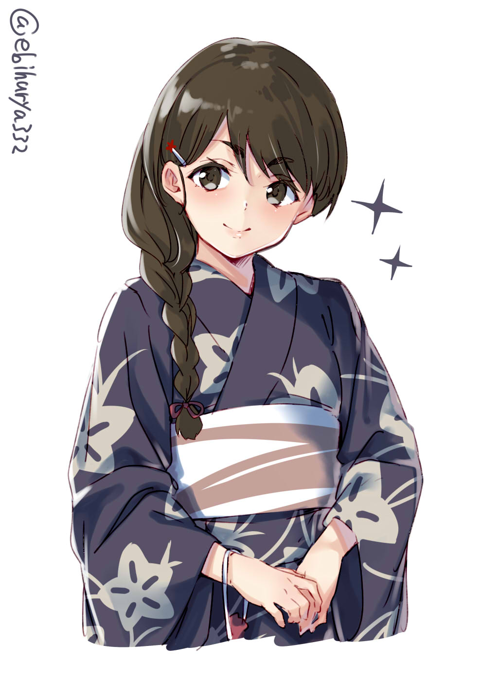 1girl alternate_costume bag blue_kimono braid brown_eyes brown_hair closed_mouth ebifurya eyebrows_visible_through_hair floral_print hair_between_eyes hair_ornament hair_over_shoulder highres japanese_clothes kantai_collection kimono long_hair long_sleeves looking_at_viewer obi sash simple_background single_braid smile solo upper_body uranami_(kantai_collection) white_background wide_sleeves yukata