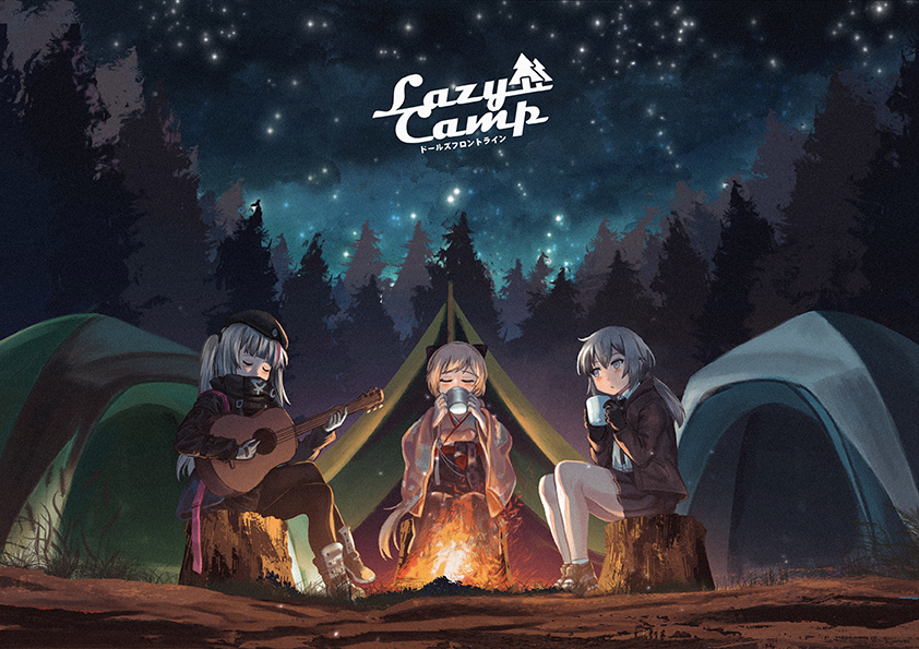 3girls bangs beret black_footwear black_gloves black_headwear black_legwear blonde_hair blush bow campfire camping closed_eyes crossed_legs cup drinking english_commentary english_text floral_print girls_frontline gloves grey_hair guitar hair_between_eyes hair_bow hair_ribbon hakama hat instrument jacket japanese_clothes load_bearing_vest long_hair m200_(girls_frontline) mdr_(girls_frontline) meiji_schoolgirl_uniform multicolored_hair multiple_girls music necktie night night_sky obi one_side_up ots-14_(girls_frontline) pantyhose persocon93 pink_hair playing_instrument pleated_skirt ponytail ribbon sash shirt sidelocks silver_hair sitting skirt sky star_(sky) starry_sky streaked_hair swept_bangs tactical_clothes tent tree tree_stump very_long_hair violet_eyes wide_sleeves