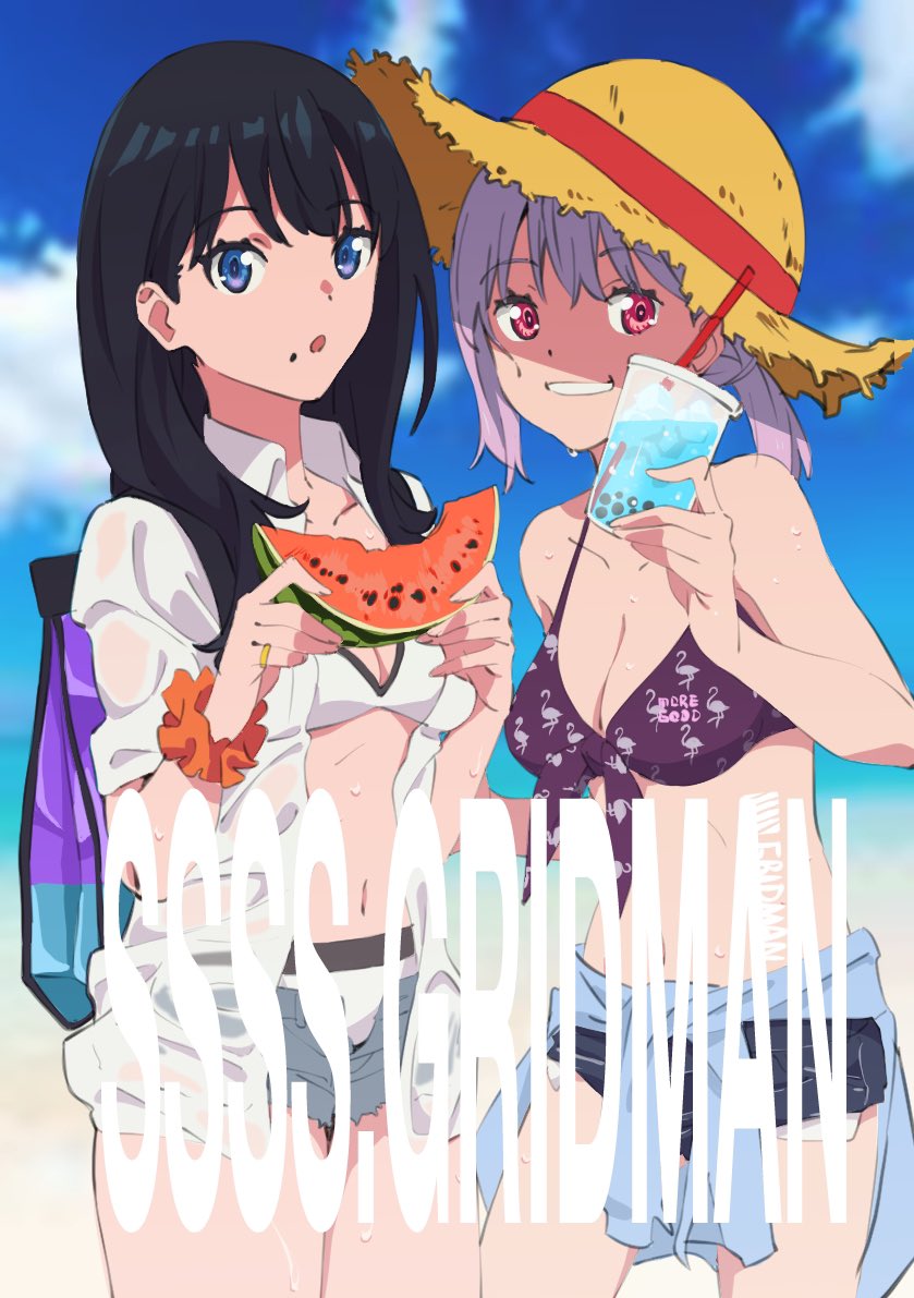 2girls alternate_costume bag bikini black_hair black_shorts blue_eyes blue_sky clothes_around_waist clouds commentary_request copyright_name cowboy_shot day denim denim_shorts flamingo_print grey_shorts hat jacket_around_waist kengo lavender_hair long_hair looking_at_viewer multiple_girls open_clothes orange_scrunchie outdoors purple_background red_eyes scrunchie shinjou_akane shirt short_hair short_shorts shorts sky ssss.gridman straight_hair straw_hat sun_hat swimsuit takarada_rikka white_bikini white_shirt