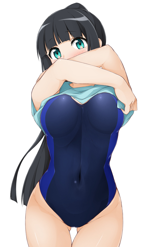 1girl ass_visible_through_thighs bangs black_hair blue_shirt blue_swimsuit blunt_bangs blush breasts commentary_request covered_mouth covered_navel cowboy_shot danberu_nan_kiro_moteru? eyebrows_visible_through_hair green_eyes groin head_tilt hinata_masaki large_breasts lifted_by_self long_hair looking_at_viewer one-piece_swimsuit shirt shirt_lift simple_background solo souryuuin_akemi swimsuit thigh_gap very_long_hair white_background