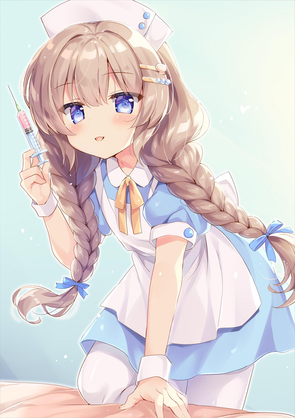 1girl apron arm_support bangs blue_bow blue_dress blue_eyes blush bow braid collared_dress commentary_request dress eyebrows_visible_through_hair hair_between_eyes hair_bow hair_ornament hairclip hat holding holding_syringe long_hair looking_at_viewer natsuki_marina nurse nurse_cap one_knee original pantyhose parted_lips puffy_short_sleeves puffy_sleeves short_sleeves smile solo syringe twin_braids twintails very_long_hair white_apron white_headwear white_legwear