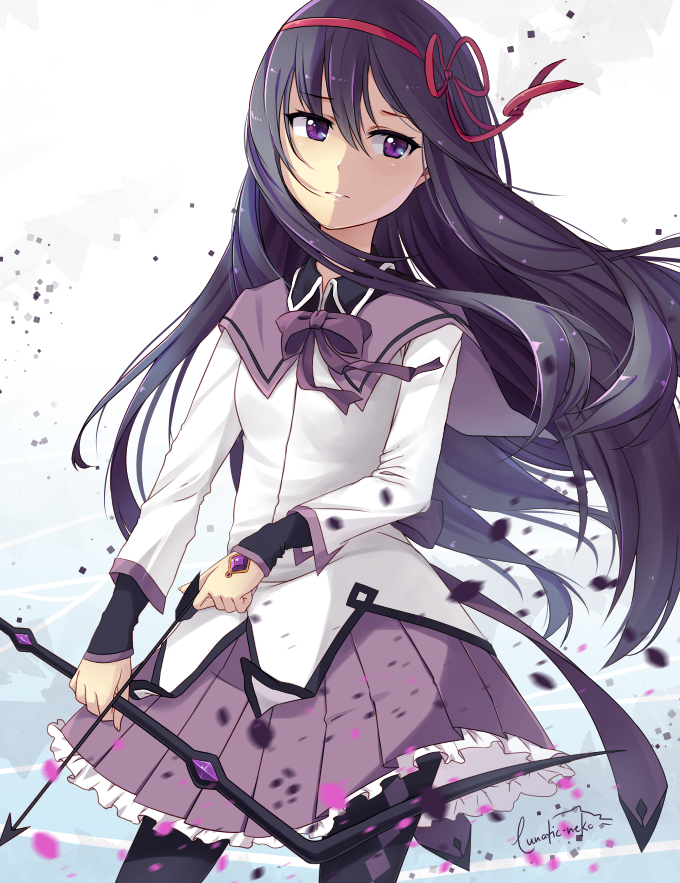 1girl akemi_homura arrow black_hair black_legwear black_shirt bow_(weapon) collared_shirt contrapposto cowboy_shot floating_hair frilled_skirt frills hair_ribbon hairband holding holding_arrow holding_bow_(weapon) holding_weapon jacket long_hair long_sleeves looking_at_viewer looking_to_the_side mahou_shoujo_madoka_magica miniskirt neck_ribbon pantyhose parted_lips pleated_skirt purple_ribbon purple_sailor_collar purple_skirt red_hairband red_ribbon ribbon runeko sailor_collar shirt signature skirt solo standing straight_hair very_long_hair violet_eyes weapon white_background white_jacket wing_collar