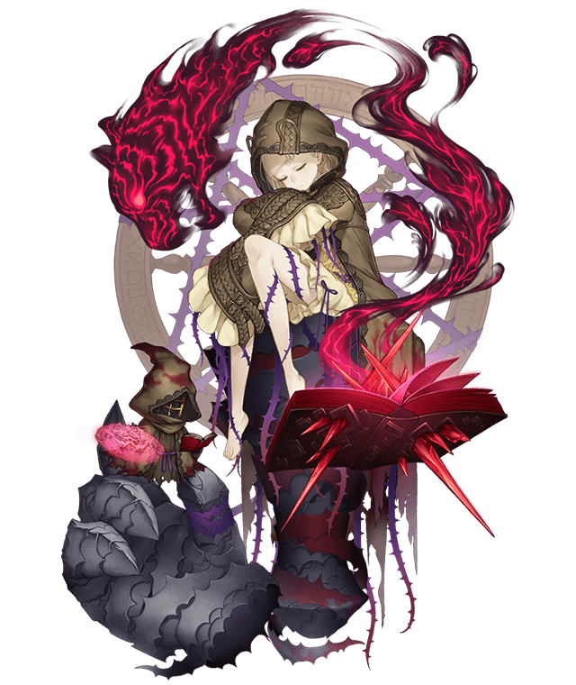 1girl angelic_alphabet barefoot blonde_hair book briar_rose_(sinoalice) closed_eyes coat crystal frills full_body giant_hand hood hood_up hooded_coat ji_no official_art oversized_clothes sinoalice sleeping sleeves_past_wrists smoke solo stuffed_toy tattoo thorns tiger torn_clothes transparent_background wheel wide_sleeves