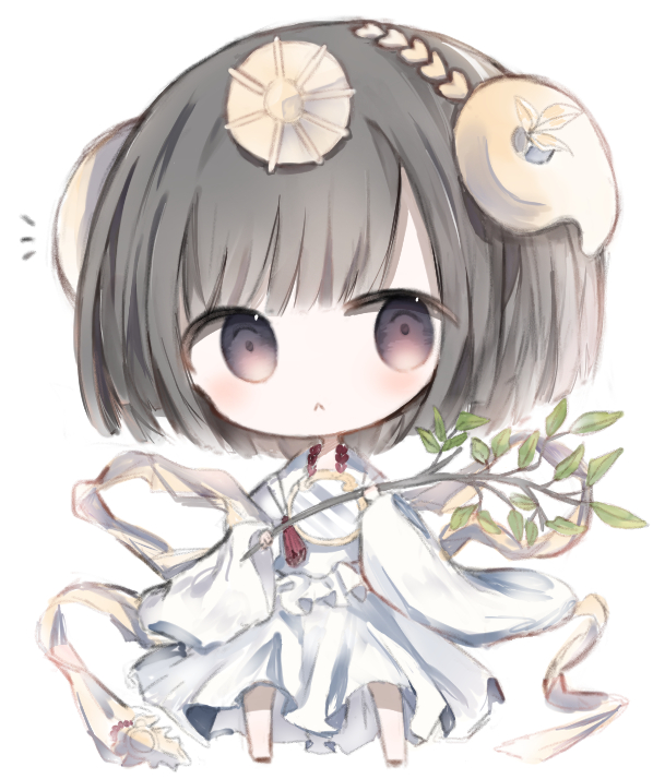 1girl :&lt; amaterasu_(shingeki_no_bahamut) barefoot black_hair blush branch brown_eyes chibi closed_mouth cottontailtokki dress full_body hagoromo hair_ornament holding holding_branch long_sleeves looking_at_viewer mirror shadowverse shawl shingeki_no_bahamut simple_background solo standing white_background white_dress wide_sleeves