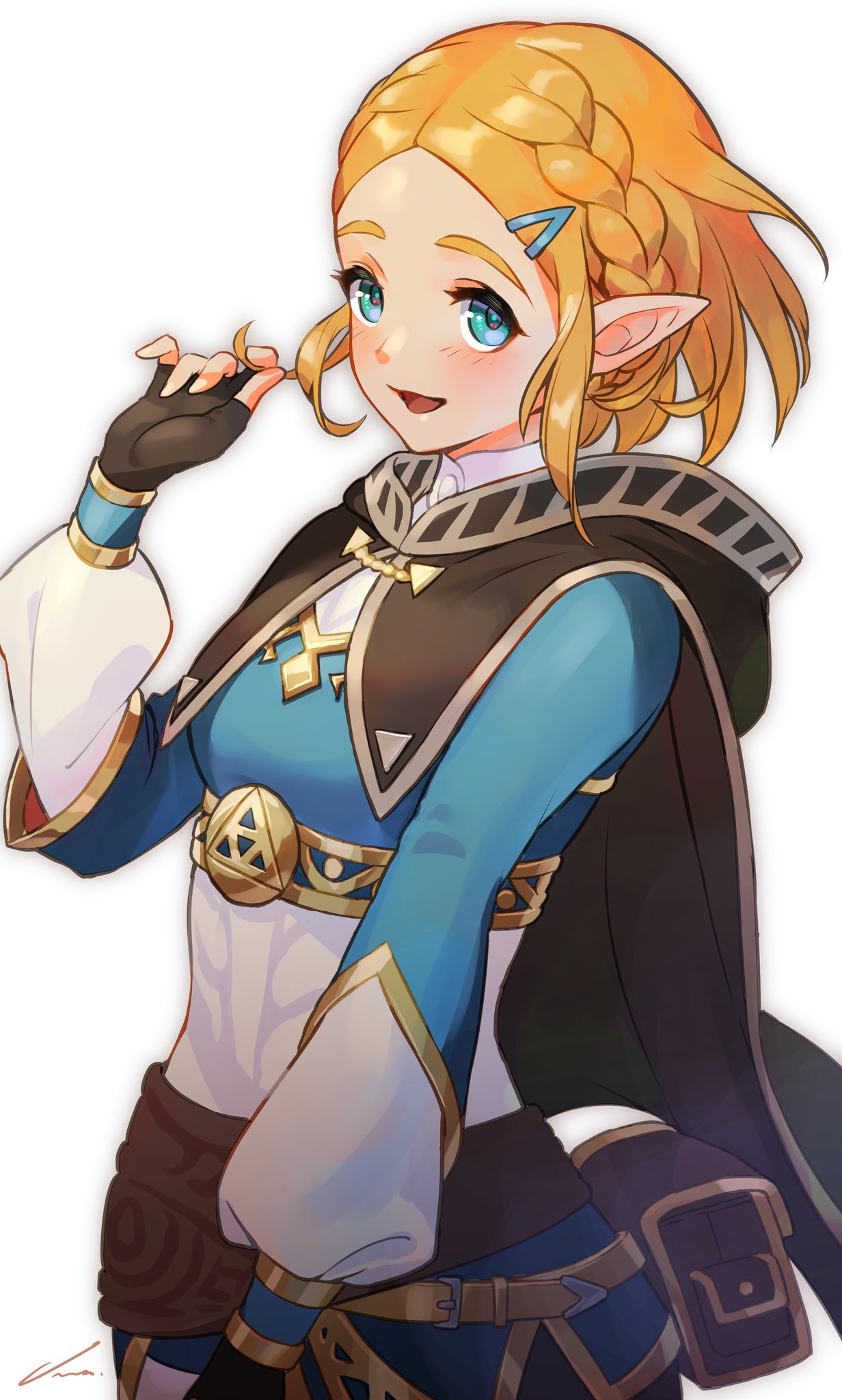 1girl artist_name bangs black_cape black_gloves blonde_hair blue_eyes blue_shirt braid brown_background cape commentary fingers_together gloves hair_ornament hairclip hand_in_hair highres light_blush long_sleeves looking_at_viewer nemoto_yuuma open_mouth pointy_ears pouch princess_zelda shirt short_hair signature simple_background smile solo standing the_legend_of_zelda the_legend_of_zelda:_breath_of_the_wild upper_body white_background