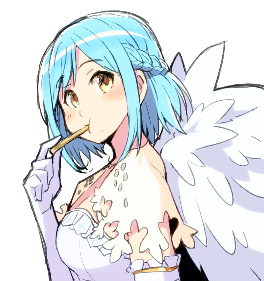 1girl bangs blue_hair blush braid breasts chikuwa_(majihima) commentary dress eating elbow_gloves feathered_wings food french_braid from_side gloves holding holding_food large_breasts light_blue_hair looking_at_viewer moira_(nijisanji) mole mole_under_mouth nijisanji short_hair solo upper_body virtual_youtuber white_dress wings yellow_eyes