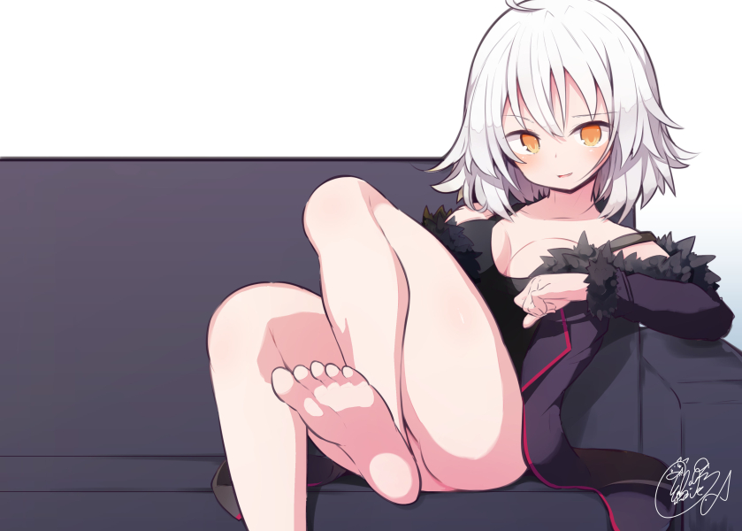 1girl bangs bare_shoulders barefoot beni_shake black_dress blush collarbone commentary_request couch dress eyebrows_visible_through_hair fate/grand_order fate_(series) fur-trimmed_jacket fur-trimmed_sleeves fur_trim hair_between_eyes jacket jeanne_d'arc_(alter)_(fate) jeanne_d'arc_(fate)_(all) knees_up looking_at_viewer on_couch open_clothes open_jacket orange_eyes parted_lips purple_jacket signature sitting sleeveless sleeveless_dress soles solo white_background white_hair wicked_dragon_witch_ver._shinjuku_1999