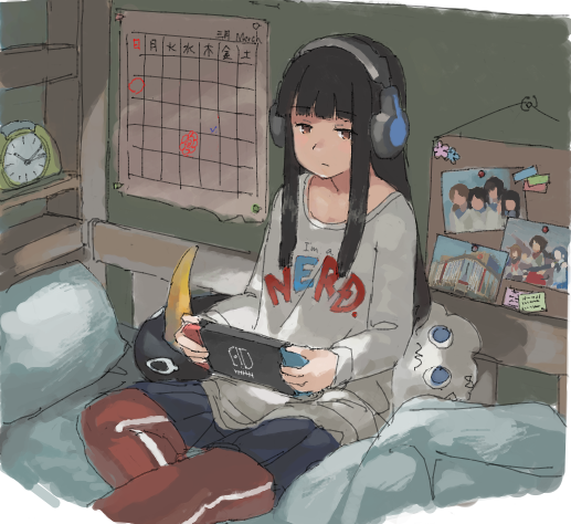 1girl alarm_clock alternate_costume bangs bed black_hair blanket blunt_bangs bookshelf brown_eyes calendar_(object) clock clothes_writing expressionless failure_penguin game_console grey_shirt handheld_game_console hatsuyuki_(kantai_collection) headphones hime_cut jitome kantai_collection long_hair long_sleeves miss_cloud nintendo_switch on_bed pants pants_under_skirt photo_(object) pillow shirt sitting sitting_on_bed solo tara_reba track_pants