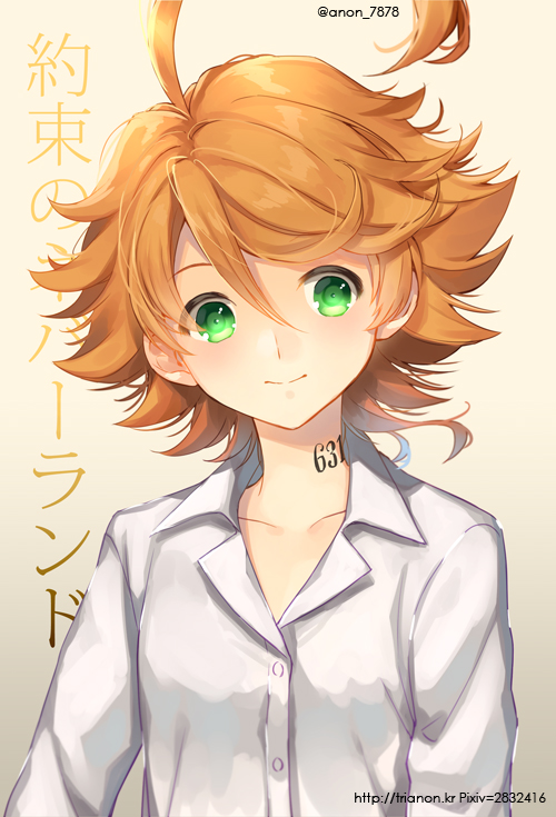 1girl ahoge blonde_hair closed_mouth collarbone collared_shirt dress_shirt emma_(yakusoku_no_neverland) green_eyes hair_between_eyes head_tilt looking_at_viewer shirt short_hair smile solo tattoo trianon twitter_username upper_body watermark web_address white_shirt wing_collar yakusoku_no_neverland