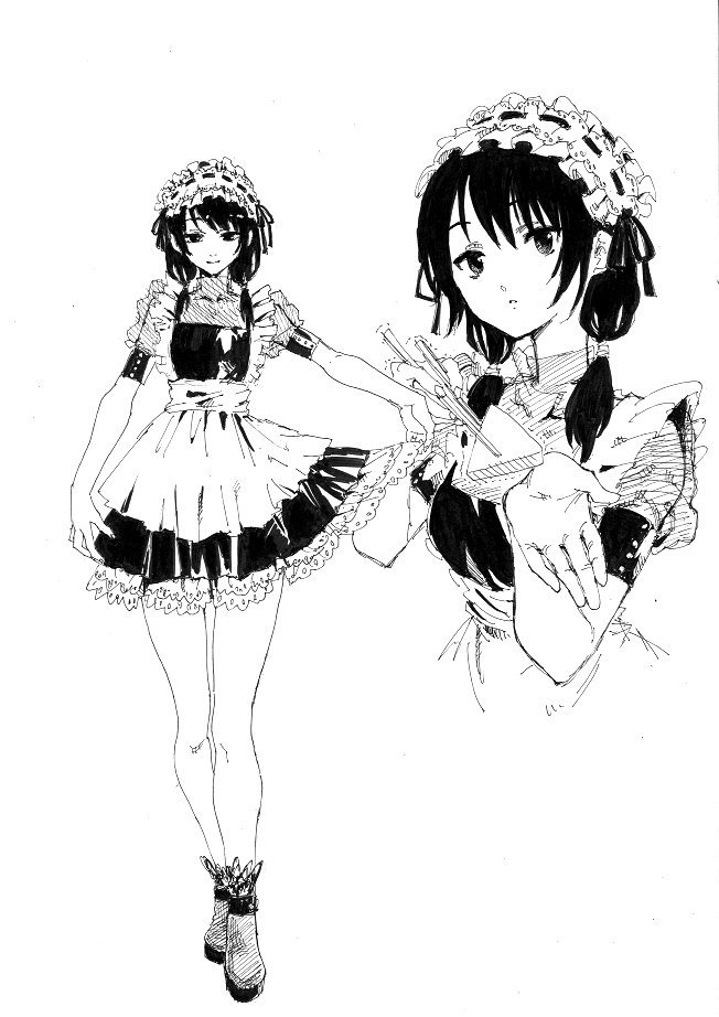 apron black_hair bonnet chopsticks greyscale lace lace-trimmed_skirt low_twintails maid monochrome skirt tamura_yuri twintails watashi_ga_motenai_no_wa_dou_kangaetemo_omaera_ga_warui!