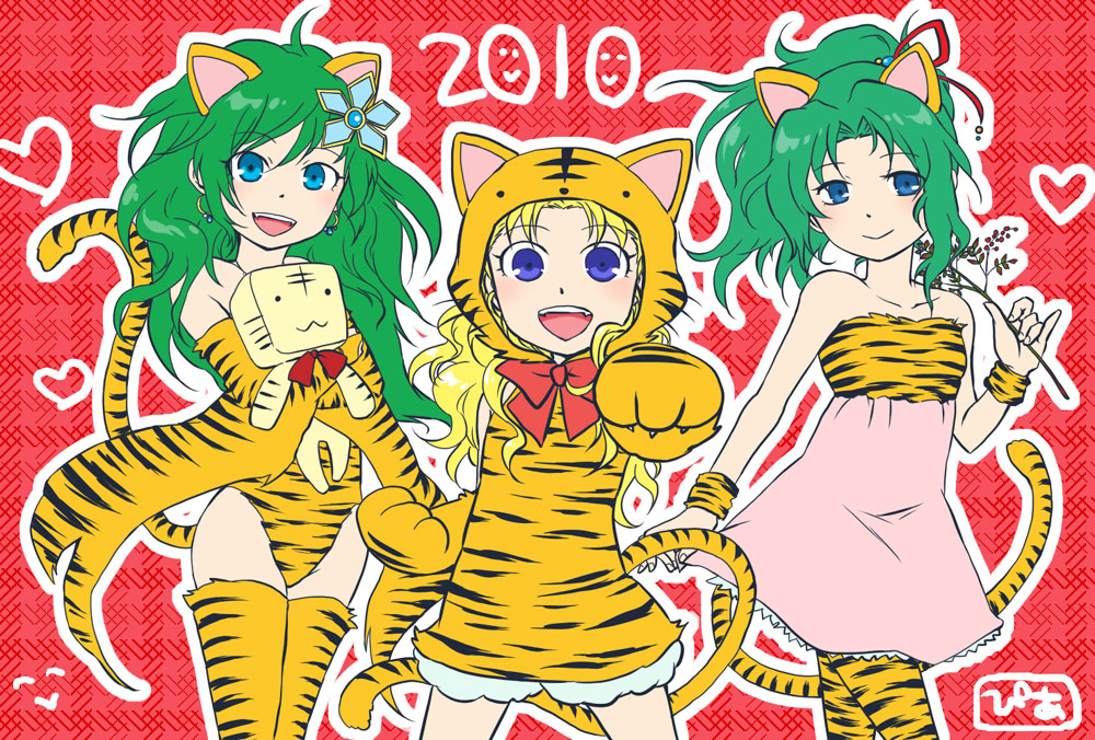 2010 3girls blonde_hair blue_eyes commentary_request cosplay crossover final_fantasy final_fantasy_iv final_fantasy_v final_fantasy_vi green_hair multiple_girls pekamatu plush_toy ponytail red_background rydia smile tiger_ears tiger_print tiger_tail tina_branford