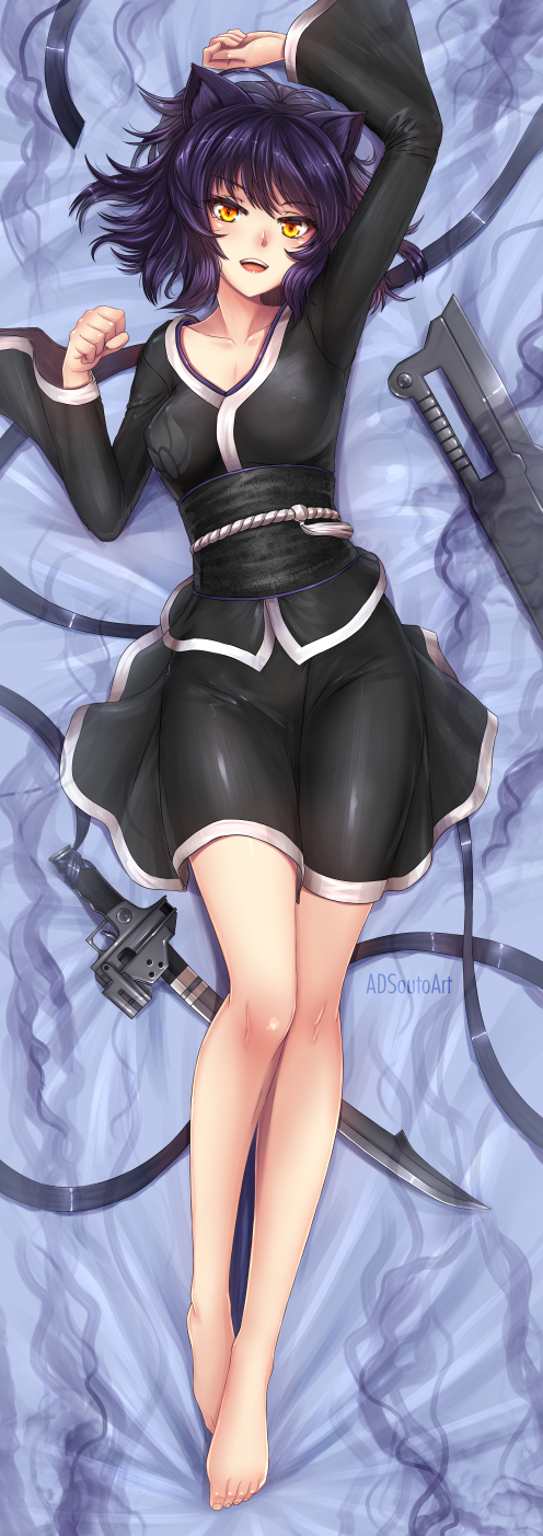1girl :d adsouto ahoge animal_ears arm_up artist_name ass_visible_through_thighs bangs bare_legs barefoot bed_sheet black_kimono black_skirt blake_belladonna blush breasts cat_ears collarbone dakimakura eyebrows_visible_through_hair from_above full_body gun highres japanese_clothes kimono large_breasts long_sleeves looking_at_viewer lying obi on_back open_mouth purple_hair rwby sash short_kimono short_sleeves skirt smile solo sword thigh_gap weapon wide_sleeves yellow_eyes