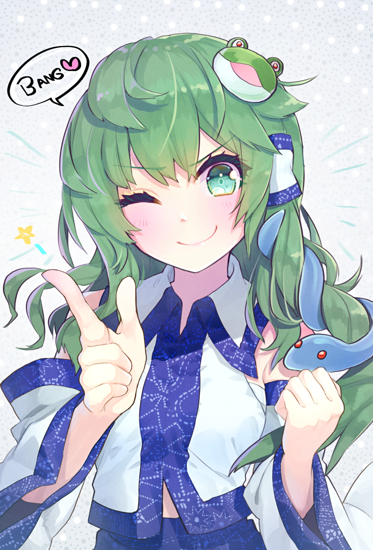 1girl ;) bang bangs bare_shoulders blue_skirt blush clenched_hand commentary_request detached_sleeves eyebrows_visible_through_hair finger_gun frog_hair_ornament green_eyes green_hair grey_background hair_ornament hair_tubes heart kochiya_sanae long_hair long_sleeves looking_at_viewer one_eye_closed sarashi shirt sidelocks simple_background skirt smile snake_hair_ornament solo speech_bubble star syuri22 touhou upper_body white_shirt wide_sleeves