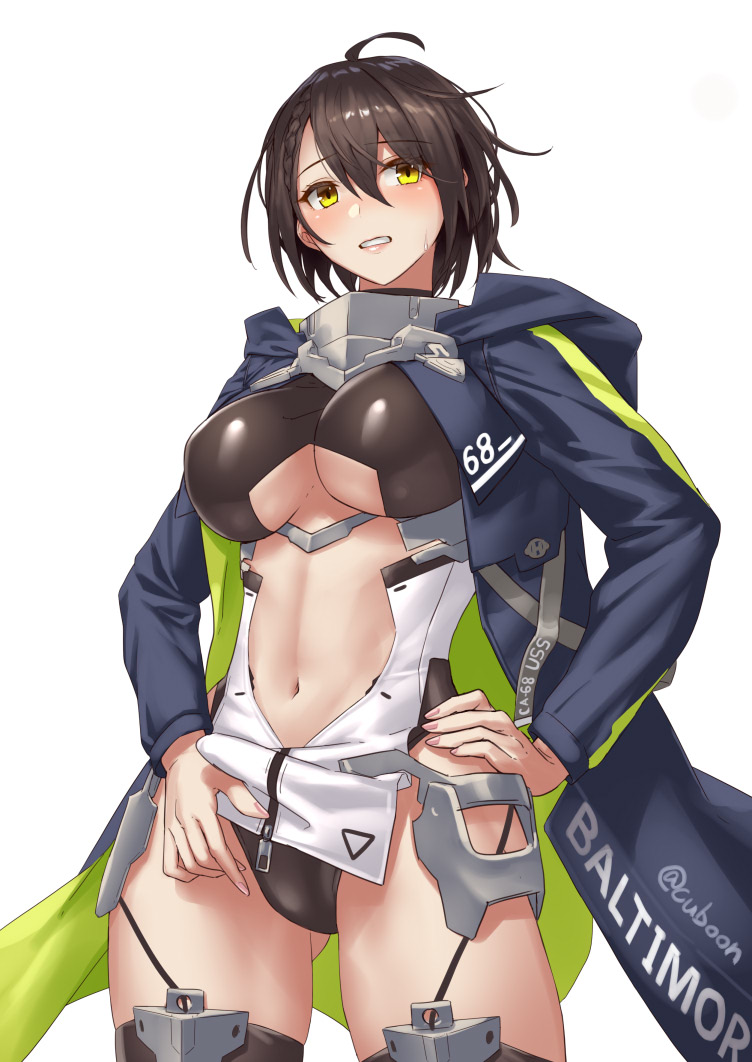 1girl ahoge ass_visible_through_thighs azur_lane baltimore_(azur_lane) bangs black_hair blue_jacket blush braid breasts center_opening character_name clothes_writing coat commentary_request cowboy_shot cuboon garter_straps hands_on_hips hooded_coat jacket large_breasts leotard lifted_by_self long_sleeves midriff midriff_cutout navel open_clothes open_coat parted_lips pelvic_curtain pink_nails purple_coat short_hair sidelocks standing stomach sweatdrop thigh-highs twitter_username under_boob white_background yellow_eyes