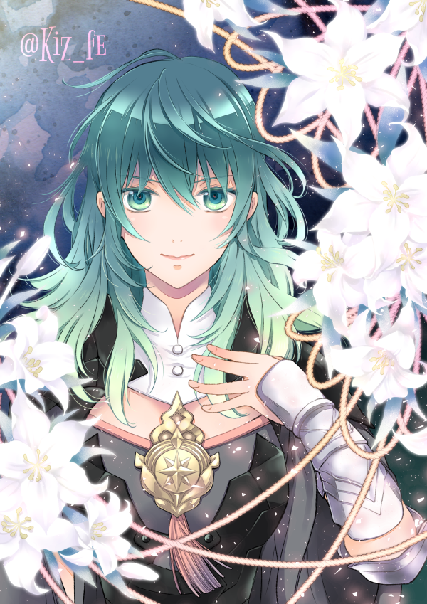 1girl brooch byleth byleth_(female) cape fire_emblem fire_emblem:_three_houses flower green_eyes green_hair jewelry kizuki_miki looking_at_viewer smile solo twitter_username upper_body