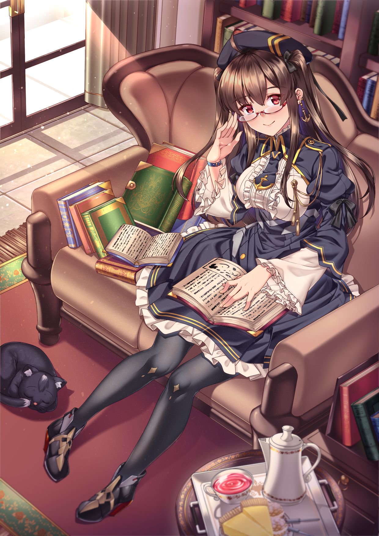 1girl adjusting_eyewear anchor_earrings azur_lane black_cat black_hair black_legwear book bookshelf breasts carpet cat couch cup dress glasses hat highres london_(azur_lane) pantyhose red_eyes retrofit_(azur_lane) shirokuma_a sitting smile tea_set teacup teapot window