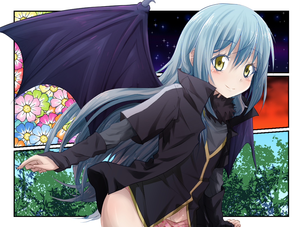 black_jacket blue_hair closed_mouth dragon_wings jacket long_hair long_sleeves looking_at_viewer midriff navel panties pink_panties print_panties purple_wings rimuru_tempest short_over_long_sleeves short_sleeves smile stomach straight_hair tensei_shitara_slime_datta_ken underwear user_fkvt8385 very_long_hair wings yellow_eyes