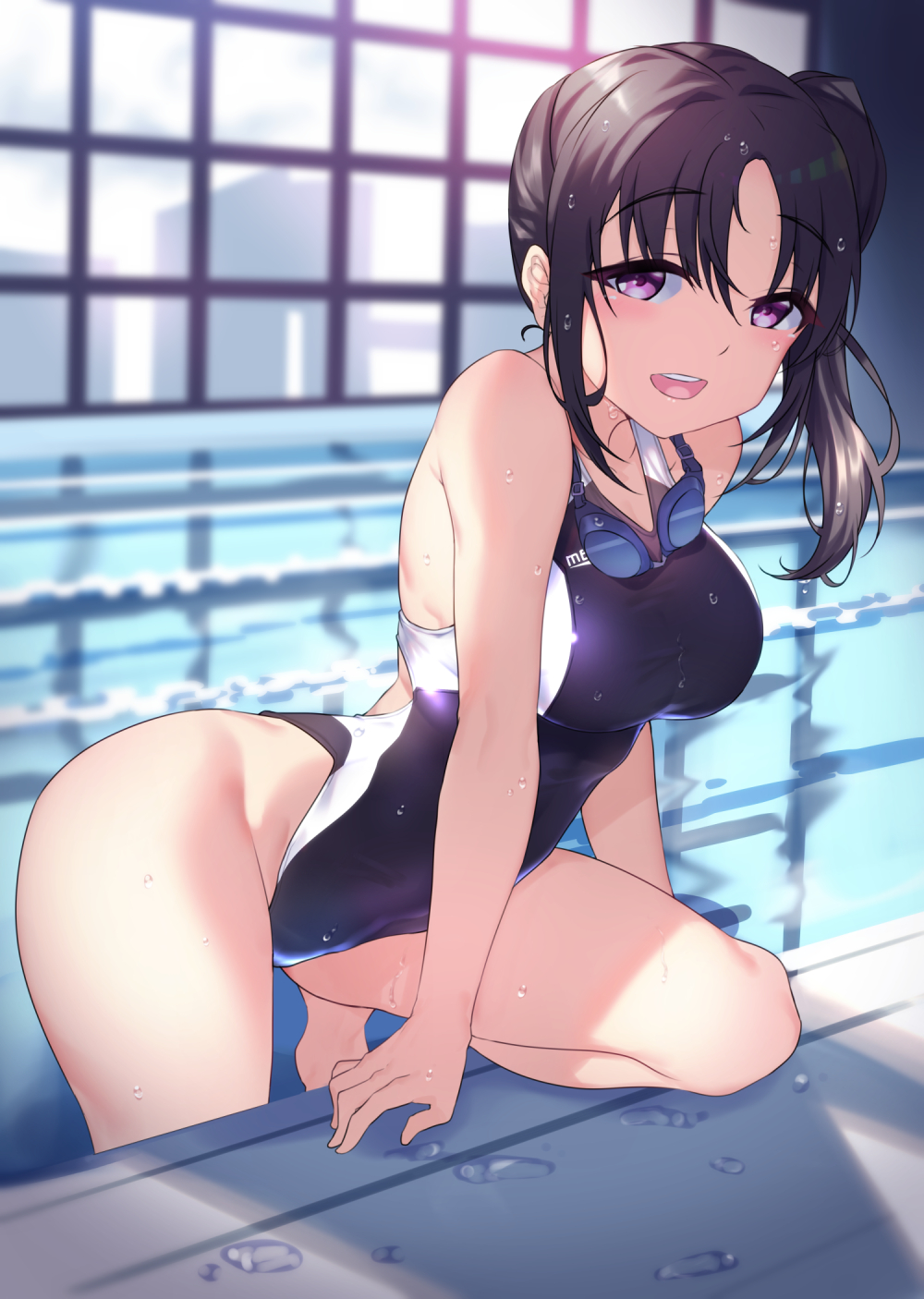 1girl black_hair black_swimsuit breasts commentary_request competition_swimsuit cowboy_shot goggles goggles_around_neck highleg highleg_swimsuit highres indoors kazuno_sarah looking_at_viewer love_live! love_live!_sunshine!! medium_breasts one-piece_swimsuit open_mouth pool round_teeth side_ponytail smile solo swimsuit teeth upper_teeth violet_eyes wet yamaori_(yamaorimon)