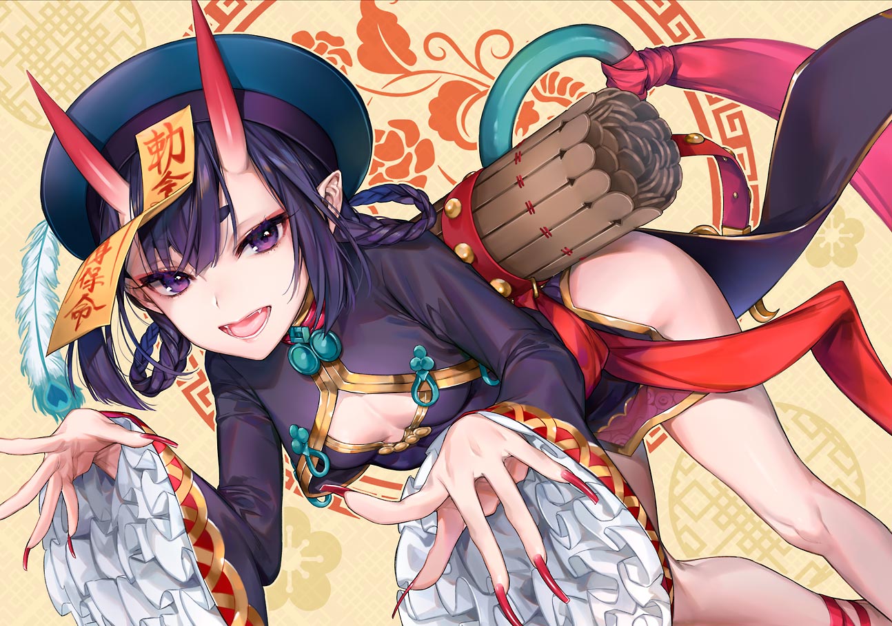 1girl bangs beret black_dress blush breasts chinese_clothes cleavage_cutout commentary_request dress eyeliner fate/grand_order fate_(series) hair_rings hat heroic_spirit_chaldea_park_outfit horns jiangshi kaguyuzu leaning_forward long_sleeves looking_at_viewer makeup ofuda oni oni_horns open_mouth outstretched_arms peacock_feathers pelvic_curtain purple_hair short_eyebrows short_hair shuten_douji_(fate/grand_order) side_slit small_breasts smile solo thighs violet_eyes yellow_background zombie_pose