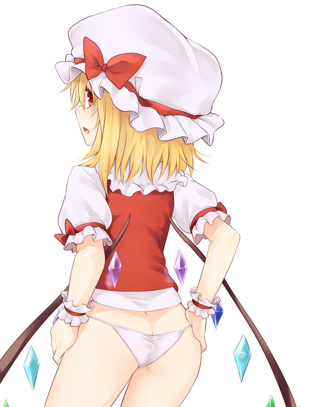 1girl ass bangs blonde_hair commentary_request cowboy_shot crystal flandre_scarlet from_behind hand_on_hip hat highres looking_at_viewer looking_back miyo_(ranthath) mob_cap no_pants open_mouth panties puffy_short_sleeves puffy_sleeves red_eyes red_vest shirt short_sleeves simple_background solo standing thighs touhou underwear vest white_background white_headwear white_panties white_shirt wings wrist_cuffs