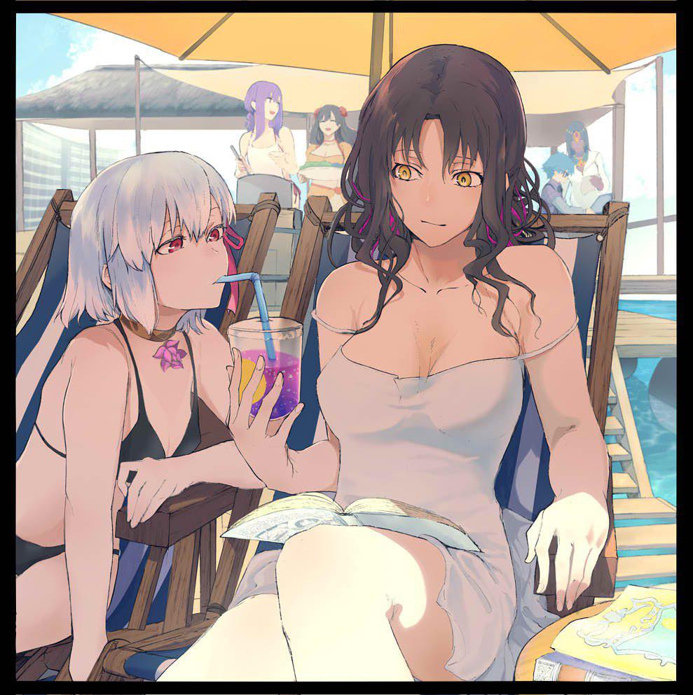 2girls beach_chair beach_umbrella black_bra black_hair book choker dress juice short_hair tagme water white_hair