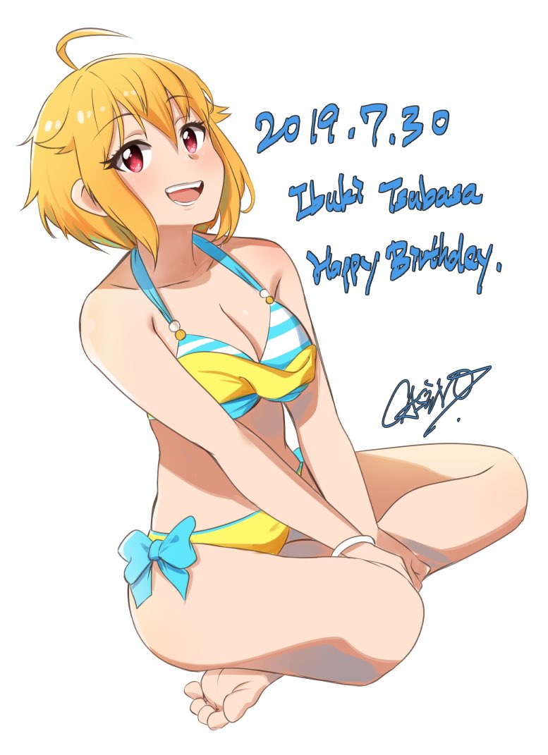 1girl ahoge bare_arms bare_legs bare_shoulders barefoot bikini blue_bikini blue_bow bow breasts brown_hair casino_(casinoep) character_name commentary_request dated eyebrows_visible_through_hair hair_between_eyes happy_birthday ibuki_tsubasa idolmaster idolmaster_million_live! idolmaster_million_live!_theater_days looking_at_viewer medium_breasts open_mouth red_eyes short_hair signature simple_background smile solo swimsuit teeth white-bikini white_background