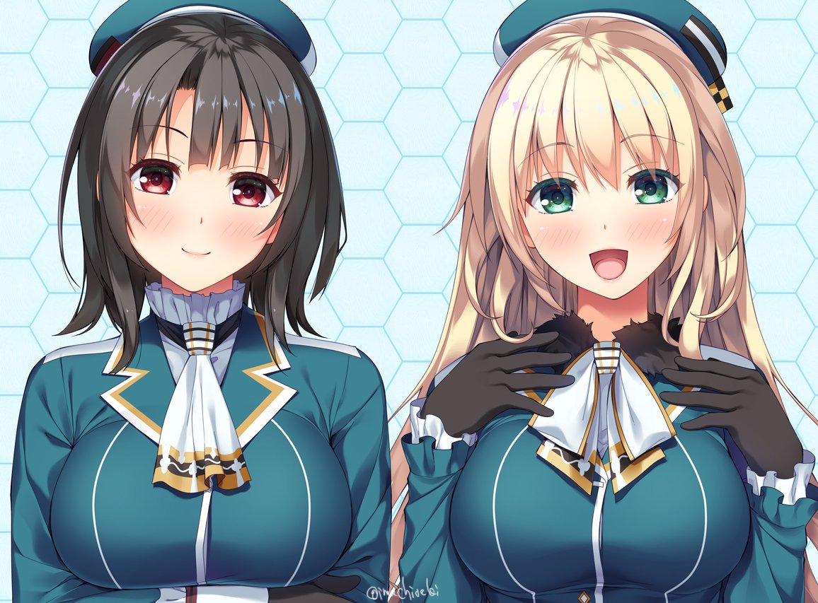 2girls atago_(kantai_collection) beret black_gloves black_hair blonde_hair blue_headwear blush breasts frilled_sleeves frills garter_straps gloves green_eyes hat imachireki jacket kantai_collection large_breasts long_hair long_sleeves military military_uniform multiple_girls open_mouth red_eyes short_hair smile takao_(kantai_collection) uniform