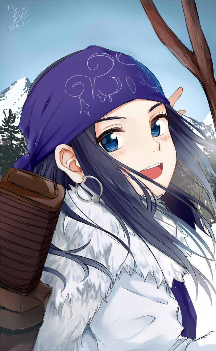 1girl :d bare_tree blue_eyes blush character_request dated day earrings eyebrows eyelashes idolmaster idolmaster_cinderella_girls jewelry long_hair looking_at_viewer mountain open_mouth outdoors signature smile solo tarachine tree upper_body winter winter_clothes