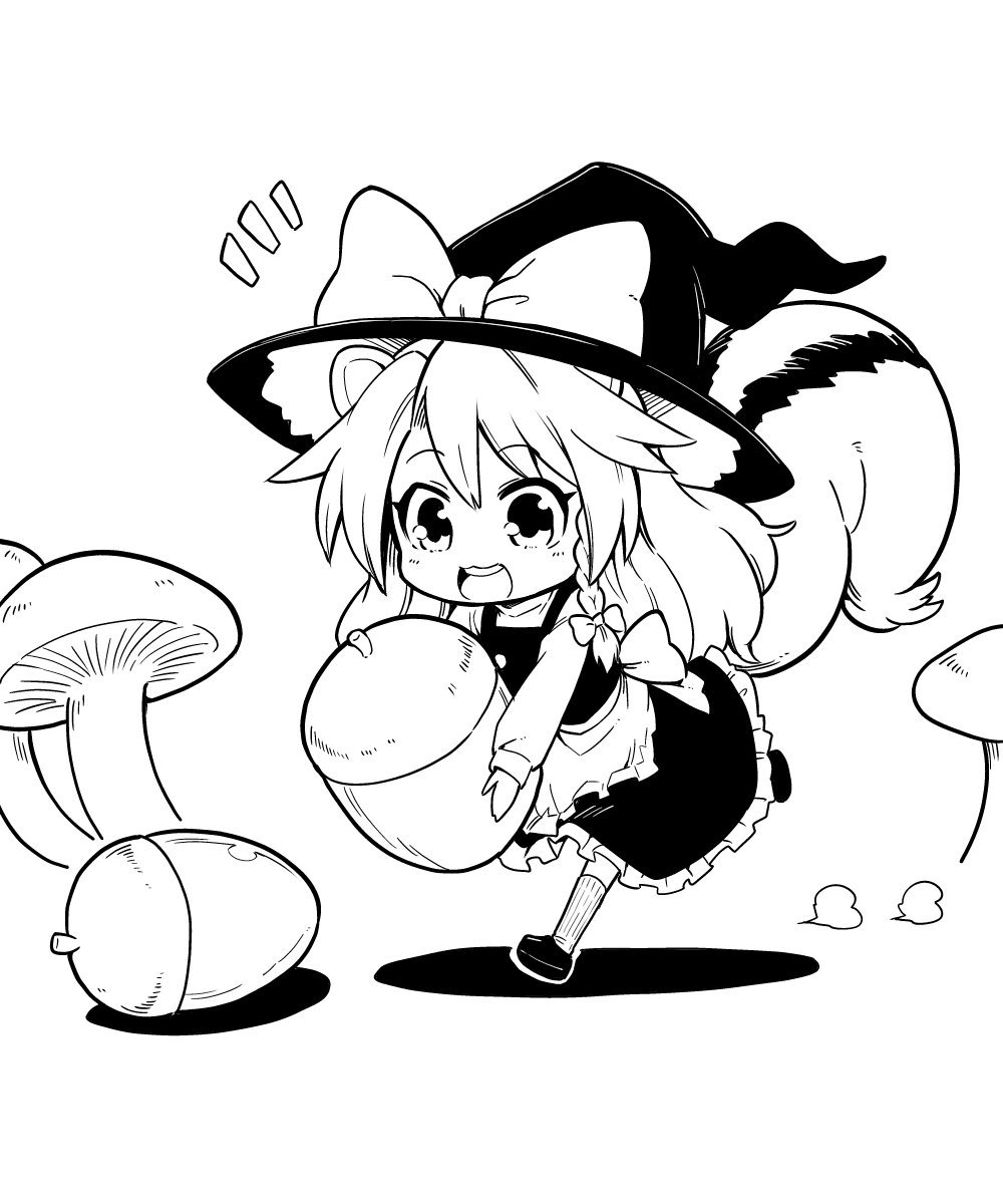 1girl :3 animal_ears apron braid commentary_request full_body futa_(nabezoko) greyscale hair_ribbon hat hat_ribbon highres kirisame_marisa long_sleeves monochrome mushroom notice_lines nut ribbon running shadow shoes skirt socks squirrel_ears squirrel_tail tail teeth touhou walnut_(food) white_background witch_hat