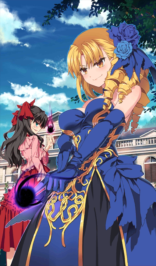 anger_vein bare_shoulders black_hair blonde_hair blue_dress blue_eyes blue_flower blue_gloves blue_ribbon blue_rose blue_sky blush breasts brown_eyes choker clouds cloudy_sky commentary_request craft_essence dress drill_hair elbow_gloves energy_ball eyelashes fate/grand_order fate_(series) flower frilled_dress frills gloves hair_flower hair_ornament hair_over_shoulder hair_ribbon hand_on_own_arm hiroyama_hiroshi large_breasts long_dress long_hair luviagelita_edelfelt mansion official_art pointing red_choker red_dress red_ribbon ribbon rose sky smirk strapless strapless_dress toosaka_rin two_side_up