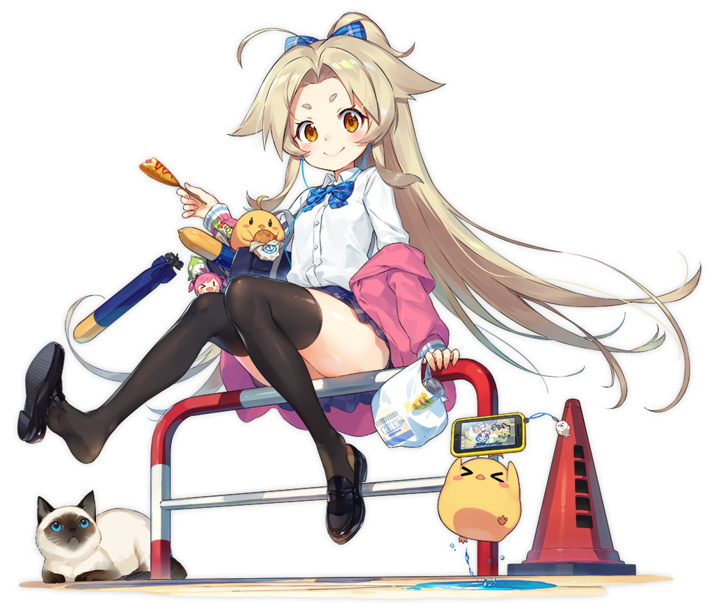 &gt;_&lt; 1girl alternate_costume azur_lane bag black_legwear brown_eyes brown_hair cat cavalla_(azur_lane) cellphone character_doll commentary_request corndog full_body long_hair looking_at_viewer manjuu_(azur_lane) official_art phone ponytail ribbon saratoga_(azur_lane) school_uniform sitting smile thigh-highs torpedo transparent_background