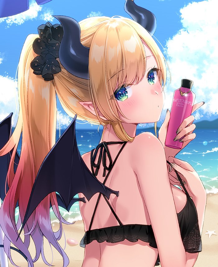 1girl bangs beach bikini blonde_hair blue_eyes blue_sky bottle breasts clouds cloudy_sky demon_girl demon_horns demon_wings eyebrows_visible_through_hair fingernails from_behind hair_ornament hair_scrunchie heart holding holding_bikini_top holding_bottle hololive horns long_fingernails looking_at_viewer lotion masuishi_kinoto multicolored_hair nail_polish ocean official_art outdoors pointy_ears ponytail sand scrunchie shoulder_blades sky solo sunscreen swimsuit tied_hair wings yuzuki_choco