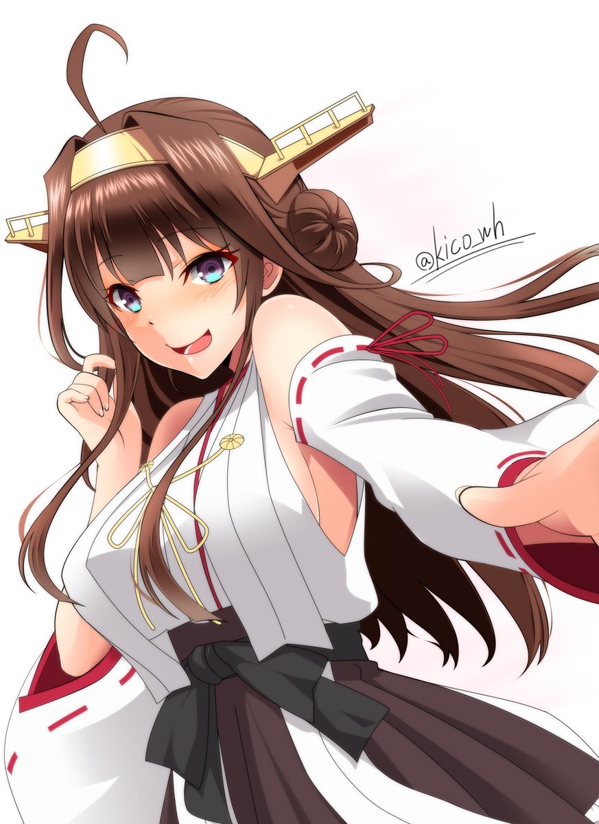 1girl :d ahoge bare_shoulders blue_eyes blush breasts brown_hair brown_skirt commentary_request detached_sleeves double_bun headgear highres kantai_collection kiko_(okuwae) kongou_(kantai_collection) long_hair looking_at_viewer no_bra nontraditional_miko open_mouth remodel_(kantai_collection) sideboob simple_background skirt smile solo twitter_username white_background