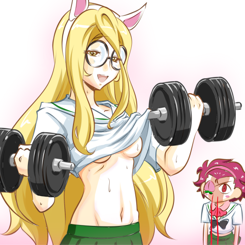 2girls animal_ears black-framed_eyewear black_neckwear blonde_hair blood blouse blush_stickers bow bowtie brown_eyes cat_ears commentary constricted_pupils detached_collar dumbbell exercise eyepatch fake_animal_ears female_pervert food fruit girls_und_panzer glasses green_skirt hair_pulled_back hairband half-closed_eyes kogane_(staygold) long_hair looking_at_another looking_at_viewer lowres microskirt midriff momogaa multiple_girls navel nekonyaa no_bra no_neckwear nosebleed ooarai_school_uniform open_mouth peach pervert pink_collar pink_hairband pleated_skirt redhead round_eyewear school_uniform serafuku short_hair short_sleeves skirt smile standing sweat wardrobe_malfunction weightlifting weights white_blouse