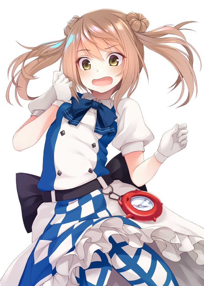 1girl alternate_costume bangs belt blue_neckwear blush bow bowtie compass double_bun dress enemy_lifebuoy_(kantai_collection) eyebrows_visible_through_hair frilled_skirt frills gloves kantai_collection light_brown_hair michishio_(kantai_collection) mofu_namako open_mouth puffy_short_sleeves puffy_sleeves shinkaisei-kan short_sleeves short_twintails simple_background skirt solo thigh-highs twintails white_background white_gloves yellow_eyes
