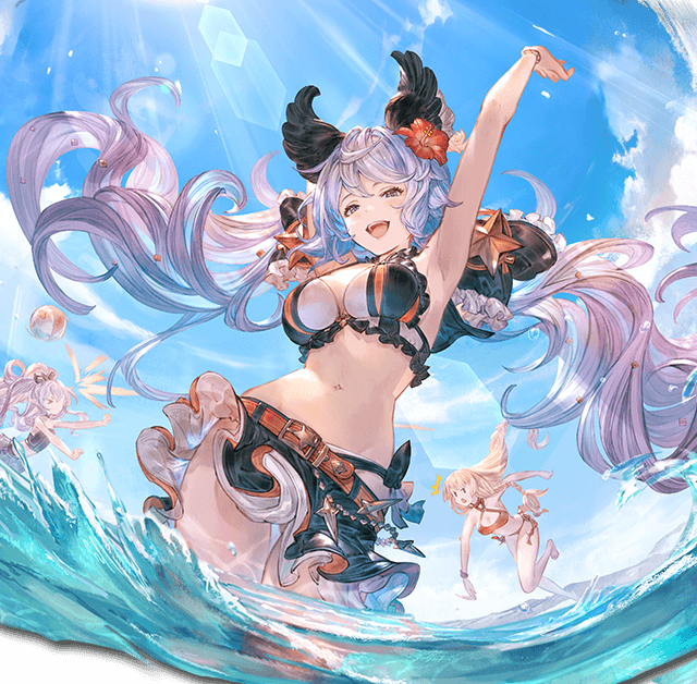 &gt;_&lt; /\/\/\ 3girls :d alpha_transparency animal_ears armpits arms_up ass_visible_through_thighs athena_(granblue_fantasy) ball bangs beachball belt bikini bikini_skirt black_bikini blonde_hair blue_sky blush breasts clouds flower frilled_swimsuit frills granblue_fantasy hair_between_eyes hair_flower hair_ornament hair_ribbon hibiscus large_breasts lens_flare long_hair looking_at_viewer low_twintails medusa_(shingeki_no_bahamut) midriff minaba_hideo multiple_girls navel official_art open_mouth purple_hair red_bikini red_flower ribbon satyr_(granblue_fantasy) shingeki_no_bahamut sky smile star swimsuit thigh_gap transparent_background twintails upper_teeth very_long_hair violet_eyes water