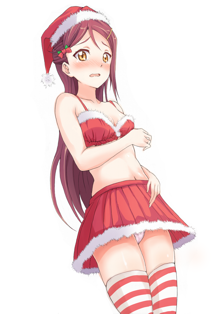 1girl blush bow bra breasts collarbone cowboy_shot dutch_angle embarrassed fur-trimmed_bra fur-trimmed_hat fur-trimmed_skirt hair_bow hat long_hair love_live! love_live!_sunshine!! midriff miniskirt navel open_mouth panties pleated_skirt red_bow red_bra red_headwear red_skirt redhead sakurauchi_riko santa_costume santa_hat simple_background skirt small_breasts solo standing stomach striped striped_legwear tears thigh-highs underwear very_long_hair wavy_mouth white_background white_panties yamamoto_chavez yellow_eyes