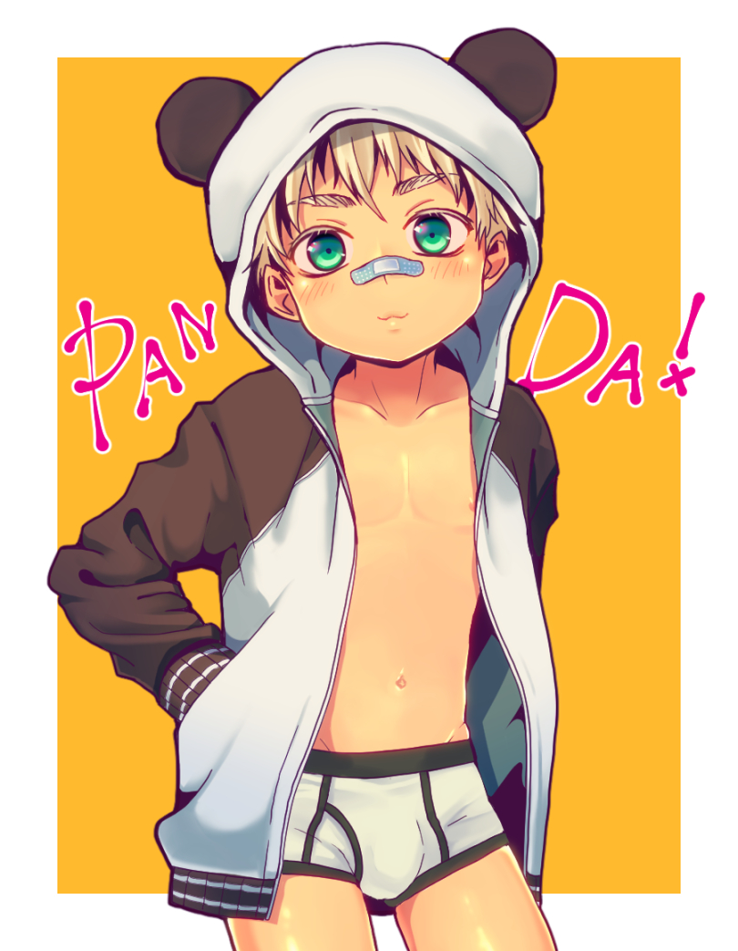 1boy :3 bandaid bandaid_on_nose blonde_hair blush briefs edging_briefs english_text green_eyes hands_in_pockets hood hoodie looking_at_viewer male_focus navel nipples oginy original panda_hood solo thick_eyebrows underwear