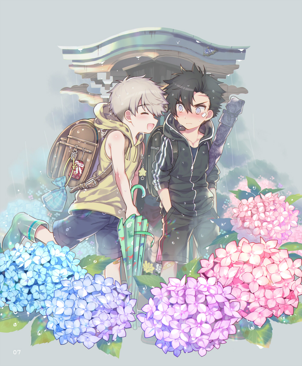 2boys backpack bag bandage_on_face black_hair boots closed_eyes flower hair_between_eyes highres hood hoodie hoodie_vest hydrangea kiyose_akame light_brown_hair male_focus multiple_boys original outdoors rain rubber_boots shorts umbrella vest violet_eyes wet wet_clothes