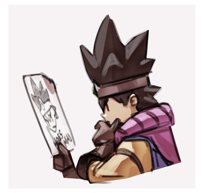 1boy black_eyes brown_gloves cape chin_stroking circlet closed_mouth cropped_torso dragon_quest dragon_quest_iii drawing english_commentary gloves hoes_mad male_focus meme nin_nakajima paper purple_cape roto sketch solo spiky_hair square_enix super_smash_bros. thinking tunic |_|