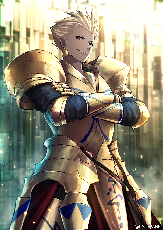 1boy armor blonde_hair breastplate crossed_arms crotch_plate earrings fate/grand_order fate_(series) faulds gauntlets gilgamesh gold_armor gold_earrings jewelry kei-suwabe looking_at_viewer pauldrons red_eyes short_hair smirk solo standing twitter_username