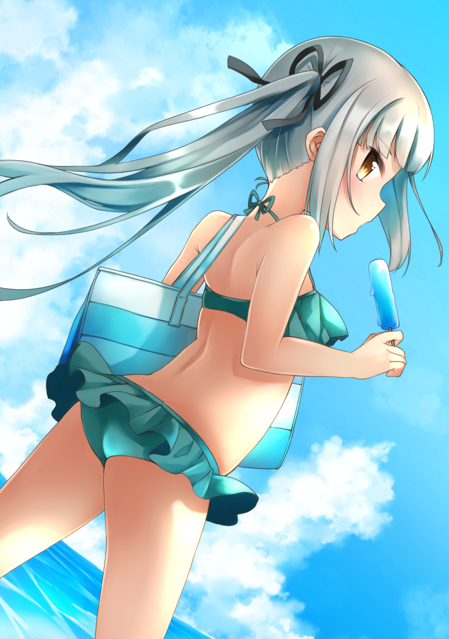 1girl ass bag bangs bare_shoulders bikini black_ribbon blue_sky blush clouds comah commentary_request cowboy_shot eating eyebrows_visible_through_hair food frilled_bikini frills from_behind highres holding holding_food kantai_collection kasumi_(kantai_collection) long_hair looking_at_viewer ocean open_mouth outdoors popsicle ribbon shoulder_bag side_ponytail silver_hair sky solo standing swimsuit water yellow_eyes