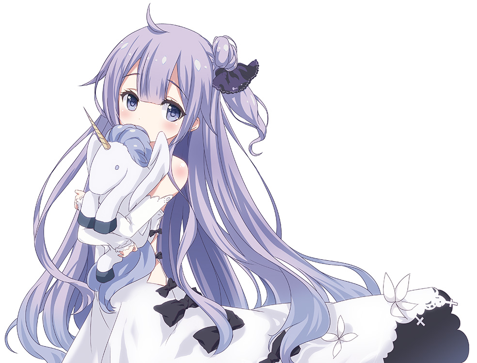1girl ahoge azur_lane bangs bare_shoulders black_bow black_ribbon blush bow commentary_request covered_mouth detached_sleeves dress eyebrows_visible_through_hair hair_between_eyes hair_bun hair_ribbon long_hair long_sleeves object_hug one_side_up purple_hair ribbon simple_background sleeves_past_wrists solo stuffed_alicorn stuffed_animal stuffed_toy sukireto unicorn_(azur_lane) very_long_hair violet_eyes white_background white_dress white_sleeves
