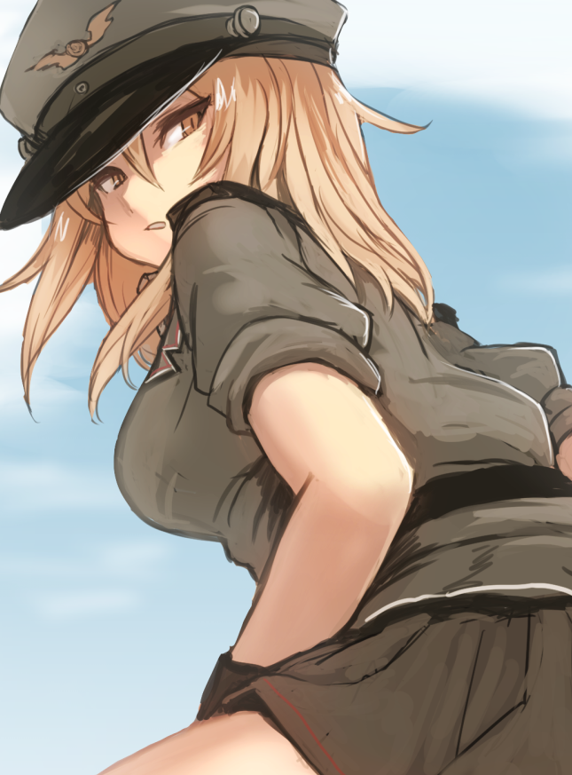 1girl belt black_belt blue_sky breasts brown_eyes brown_skirt day epaulettes grey_jacket hat jacket large_breasts light_brown_hair looking_at_viewer looking_back medium_hair military original outdoors peaked_cap personification pleated_skirt sitting skirt sky sleeves_rolled_up solo tiger_(utopia) utopia